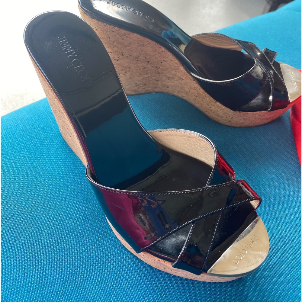 Jimmy Choo crisscross black patent leather wedge sandals EU 38 US 8